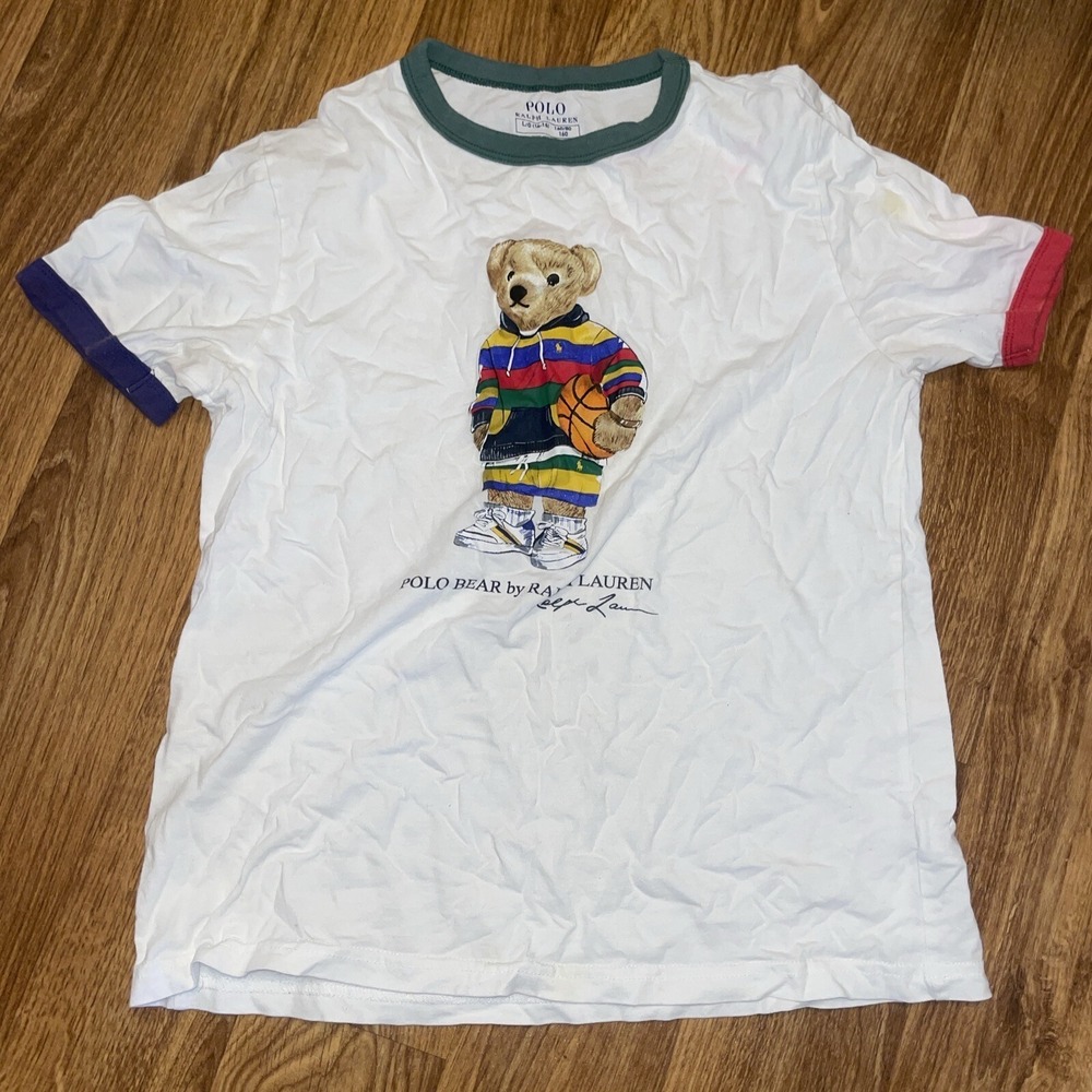 Polo Ralph Lauren bear playing basketball White Shirt youth large 14-16